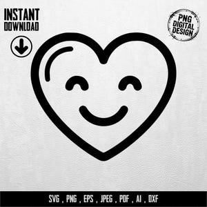 Puede incluir: Un contorno negro de un emoji en forma de corazón con una cara sonriente. La imagen incluye el texto "INSTANT DOWNLOAD" con una flecha hacia abajo y "PNG DIGITAL DESIGN" en un diseño circular. La parte inferior de la imagen muestra "SVG, PNG, EPS, JPEG, PDF, AI, DXF."