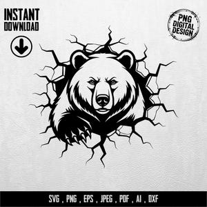 Könnte beinhalten: Schwarz-weißes digitales Design eines Bären, der durch eine Wand bricht. Das Bild enthält den Text "INSTANT DOWNLOAD" und "PNG DIGITAL DESIGN". Der untere Teil des Bildes enthält den Text "SVG, PNG, EPS, JPEG, PDF, AI, DXF".