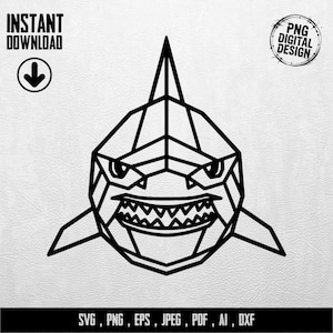 May include: A black and white geometric shark design. The image includes the text "INSTANT DOWNLOAD" with a downward arrow, and "PNG DIGITAL DESIGN". The bottom of the image lists file types: SVG, PNG, EPS, JPEG, PDF, AI, DXF.