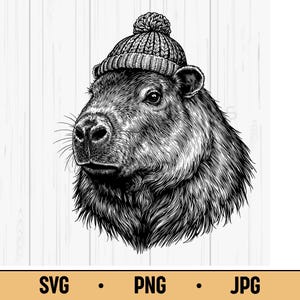 Chapeau de capybara SVG PNG JPG – Drôle de capybara portant un bonnet, clipart de rongeur mignon et relaxant pour les amoureux des animaux et l'artisanat tendance