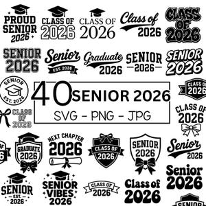 Könnte beinhalten: Eine Sammlung von schwarz-weißen Grafiken zum Thema Abschluss. Designs beinhalten Texte wie "Proud Senior 2026", "Class of 2026" und "Senior 2026". Die Grafiken sind in den Formaten SVG, PNG und JPG verfügbar.