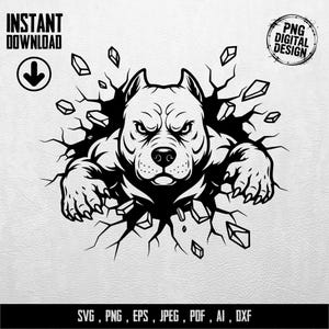 Könnte beinhalten: Schwarz-weiße Grafik eines Pitbulls, der durch eine Wand bricht, mit dem Text "INSTANT DOWNLOAD" und einem Download-Pfeil. Das Design enthält den Text "PNG DIGITAL DESIGN" und Dateitypoptionen.