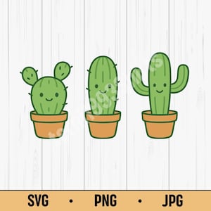 Cute Kawaii Cactus Trio SVG PNG – Smiling Potted Plant Clipart Digital Download for Stickers and Crafts