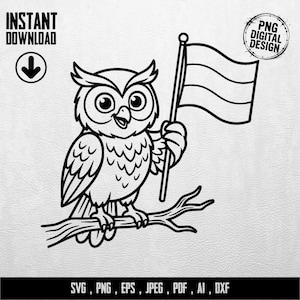 Könnte beinhalten: Schwarz-weiße digitale Illustration einer Eule auf einem Ast, die eine Flagge hält. Der Text "INSTANT DOWNLOAD" und "PNG DIGITAL DESIGN" ist enthalten. Die Dateitypen SVG, PNG, EPS, JPEG, PDF, AI, DXF sind unterhalb der Eule aufgeführt.