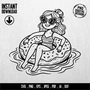 Könnte beinhalten: Schwarz-weißes digitales Design einer Frau im Badeanzug, die eine Sonnenbrille mit Blumen trägt und auf einem Donut-förmigen Schwimmreifen schwimmt. Das Bild enthält den Text "INSTANT DOWNLOAD" und "PNG DIGITAL DESIGN". Der untere Teil des Bildes enthält den Text "SVG, PNG, EPS, JPEG, PDF, AI, DXF".