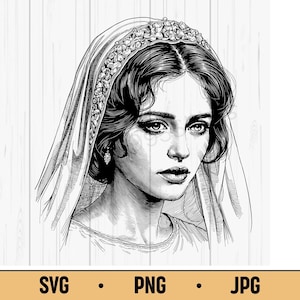 Novia victoriana SVG PNG JPG: Retrato de mujer vintage dibujado a mano, arte lineal gótico