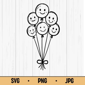 Smiley Face Balloons SVG PNG JPG – Hand Drawn Happy Balloon Bunch Line Art for Kids Birthday, Party Decor & Craft Projects, Digital Download