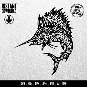 Könnte beinhalten: Schwarz-weiße digitale Illustration eines Marlinfisches mit aufwendigen Stammesmustern. Der Text "INSTANT DOWNLOAD" und "PNG DIGITAL DESIGN" ist enthalten. Dateiformate: SVG, PNG, EPS, JPEG, PDF, AI, DXF.
