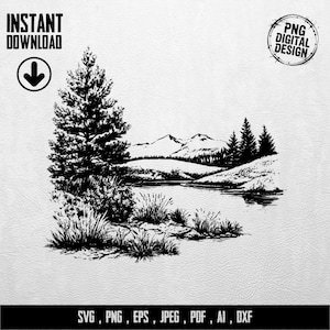 Könnte beinhalten: Schwarz-weißes digitales Design einer ruhigen Landschaft mit See, Bergen und Bäumen. Das Bild enthält den Text "INSTANT DOWNLOAD" mit einem Pfeil nach unten und "PNG DIGITAL DESIGN" in einem kreisförmigen Abzeichen. Dateitypoptionen unten.