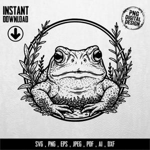 Könnte beinhalten: Schwarz-weiße digitale Illustration einer detaillierten Froschdarstellung, umgeben von Blättern und einem kreisförmigen Rahmen. Enthält den Text "INSTANT DOWNLOAD" und "PNG DIGITAL DESIGN". Dateiformate: SVG, PNG, EPS, JPEG, PDF, AI, DXF.