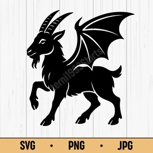 Könnte beinhalten: Schwarze Silhouette einer Ziege mit Hörnern und Flügeln in einer springenden Pose. Das Bild enthält den Text "SVG • PNG • JPG" am unteren Rand und ein Wasserzeichen mit der Aufschrift "verni1993shirts".