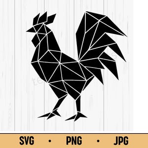 Könnte beinhalten: Ein schwarzes geometrisches Hahn-Design. Der Hahn besteht aus miteinander verbundenen Dreiecken, die eine moderne, eckige Ästhetik erzeugen. Das Bild enthält den Text "SVG • PNG • JPG" am unteren Rand.