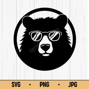 Cool Bear Logo SVG PNG JPG – Bear with Sunglasses Vector, Digital Download for Fun, Wilderness & Hipster Decor