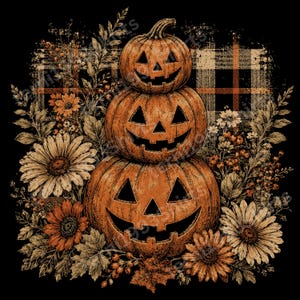 Stacked Jack O' Lantern Pumpkins PNG with Buffalo Plaid and Fall Flowers for Halloween Sublimation Digital Download