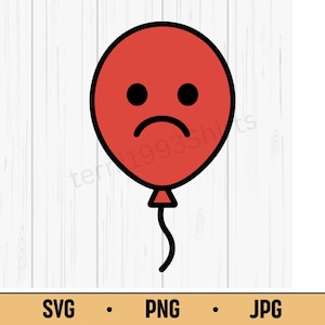 Sad Balloon SVG PNG JPG – Red Balloon with Sad Face, Kawaii Emotion Vector