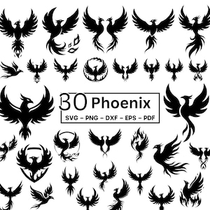 Könnte beinhalten: Eine Sammlung von 30 schwarzen Phönix-Designs in verschiedenen Posen, mit ausgebreiteten Flügeln und stilisierten Flammen. Das Bild enthält den Text "30 Phoenix" und Dateityp-Optionen: SVG, PNG, DXF, EPS und PDF. Geeignet für digitale Kunstprojekte.