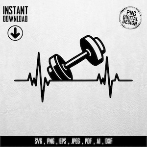 Może przedstawiać: Czarno-biała grafika hantli zintegrowanej z linią bicia serca. Obraz zawiera tekst "INSTANT DOWNLOAD" i "PNG DIGITAL DESIGN". Poniżej znajdują się typy plików: SVG, PNG, EPS, JPEG, PDF, AI, DXF.