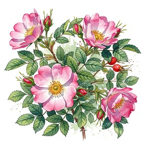 Könnte beinhalten: Aquarellillustration von rosa Hagebuttenblüten mit gelben Zentren, Knospen, grünen Blättern und roten Hagebutten. Das Blumenarrangement ist vor einem weißen Hintergrund platziert und zeigt die zarten Details der Blüten und des Laubes.