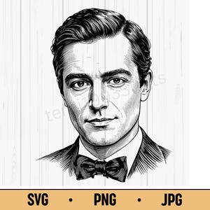 Gentleman SVG PNG JPG – Vintage Man in Tuxedo with Bow Tie, Hand Drawn Portrait for Retro Posters, Stylish Wall Art