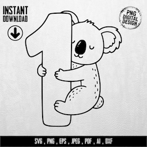 Könnte beinhalten: Schwarz-weiße digitale Illustration eines Koalas, der die Zahl eins umarmt. Der Text "INSTANT DOWNLOAD" und "PNG DIGITAL DESIGN" ist enthalten. Die Dateitypen sind: SVG, PNG, EPS, JPEG, PDF, AI, DXF.