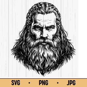 Könnte beinhalten: Schwarz-Weiß-Illustration eines Mannes mit langem Bart und Haaren, die mit einem geflochtenen Kranz gestylt sind. Der Text "SVG • PNG • JPG" befindet sich am unteren Rand des Bildes.