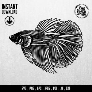 Pode incluir: Design digital em preto e branco de um peixe Betta, com barbatanas e escamas detalhadas. A imagem inclui o texto "INSTANT DOWNLOAD" e "PNG DIGITAL DESIGN". Formatos de arquivo: SVG, PNG, EPS, JPEG, PDF, AI, DXF.
