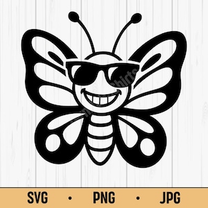Cool Butterfly SVG PNG JPG – Funny Cartoon Butterfly with Sunglasses, Cute Insect Vector
