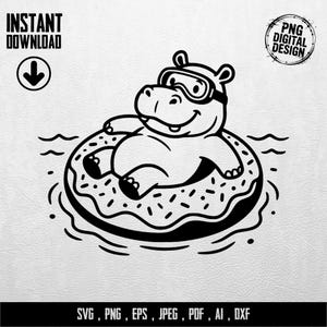Könnte beinhalten: Schwarz-weiße Cartoon-Illustration eines Nilpferds mit Schwimmbrille, das auf einem Donut-förmigen Schwimmring schwimmt. Der Text "INSTANT DOWNLOAD" und "PNG DIGITAL DESIGN" sind enthalten. Der untere Teil des Bildes enthält den Text "SVG, PNG, EPS, JPEG, PDF, AI, DXF".