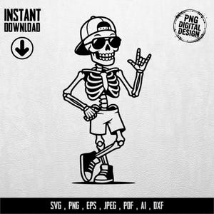 Könnte beinhalten: Schwarz-weiße digitale Illustration eines Skeletts mit Sonnenbrille, Baseballkappe und Shorts. Das Skelett macht eine Rock'n'Roll-Handgeste. Das Bild enthält den Text "INSTANT DOWNLOAD" und "PNG DIGITAL DESIGN".