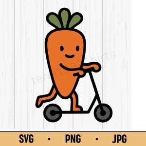 Carrot Scooter SVG PNG JPG – Cute Kawaii Carrot Riding a Scooter, Funny Veggie Vector