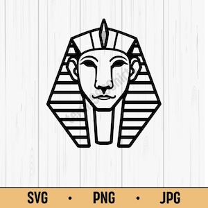 May include: Black and white graphic of an Egyptian pharaoh's head, featuring a detailed headdress and serene facial expression. The image includes the file type labels: SVG, PNG, and JPG.