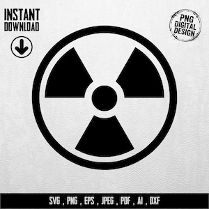 May include: A black and white digital design of a radiation symbol, a circle with three triangular segments. The image includes the text "INSTANT DOWNLOAD" and "PNG DIGITAL DESIGN". The file formats are SVG, PNG, EPS, JPEG, PDF, AI, and DXF.