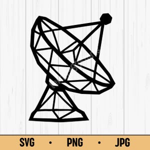 May include: Black line art illustration of a satellite dish. The dish is a large, parabolic shape with a network of lines and a central point. The base is a triangular shape. The image includes the text "SVG • PNG • JPG".
