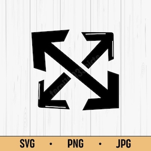 May include: Black graphic of four arrows pointing outwards, forming an X shape. The design is on a white wood-grain background. The bottom of the image includes the text "SVG", "PNG", and "JPG".