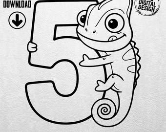 Chameleon Number 5 Digital Art SVG PNG for Cricut, Birthday Graphic, Kids 5th Birthday, Number Five Clipart, Instant Download