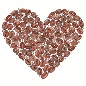 May include: Watercolor illustration of a heart shape composed of coffee beans in shades of brown. The beans are arranged closely together, creating a textured effect against a white background. The image has a warm, inviting feel.