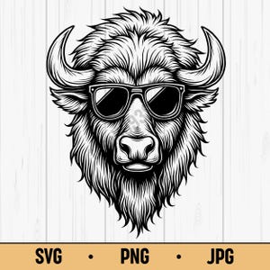 Bison with Sunglasses SVG PNG JPG – Cool Buffalo Head Vector, Digital Download for Western Animal Art & Stickers
