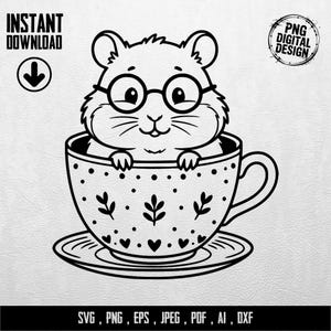 Könnte beinhalten: Schwarz-weißes digitales Design eines Hamsters mit Brille, der in einer Teetasse sitzt. Die Teetasse ist mit Punkten, Blättern und Herzen verziert. Enthält den Text "INSTANT DOWNLOAD" und "PNG DIGITAL DESIGN".