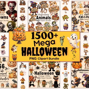 Könnte beinhalten: Eine digitale Sammlung von Halloween-Clipart-Paketen mit verschiedenen Illustrationen wie gruseligen Clowns, Tieren, niedlichen Charakteren, Geistern, Kürbissen und Kätzchen sowie Textbeschriftungen wie 1500+ Mega Halloween PNG Clipart Bundle.