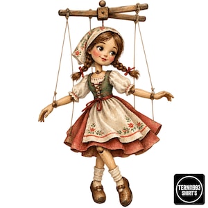 Könnte beinhalten: Eine hölzerne Marionette mit braunen geflochtenen Haaren, einem geblümten Kopftuch, einem grünen Mieder mit Schnürung und einem geschichteten rot-weißen Rock mit Blumenmotiven. Die Puppe hängt an Schnüren an einem hölzernen Steuerkreuz.