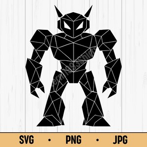 Könnte beinhalten: Schwarze geometrische Roboterillustration. Der Roboter hat ein polygonales Design mit scharfen Winkeln und einer detaillierten Struktur. Das Bild enthält den Text "SVG • PNG • JPG" am unteren Rand, der Dateiformate angibt.
