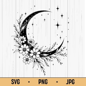 Könnte beinhalten: Schwarz-weiß-Illustration eines Halbmonds mit Blumen- und Sternakzenten. Der Mond ist mit weißen Blumen und Blättern verziert. Sterne unterschiedlicher Größe sind um den Mond herum verstreut. Der Text "SVG • PNG • JPG" ist enthalten.