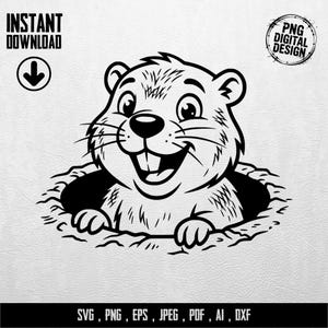 Peut inclure: Illustration en noir et blanc d'une marmotte souriante sortant d'un trou. Le texte "INSTANT DOWNLOAD" avec une flèche vers le bas et "PNG DIGITAL DESIGN" dans un logo circulaire sont inclus. Les options de type de fichier sont affichées.