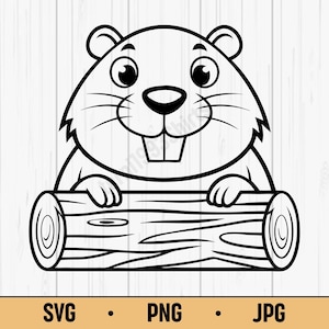 Puede incluir: Ilustración de dibujos animados en blanco y negro de una marmota sosteniendo un tronco. La marmota tiene ojos grandes, bigotes y dientes delanteros. La imagen incluye el texto "SVG • PNG • JPG".