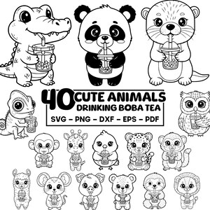 40 Cute Animals Drinking Boba Tea Bundle svg png dxf eps pdf - Cartoon Animal Clipart, Scrapbooking, Cricut & Sublimation, Digital Download