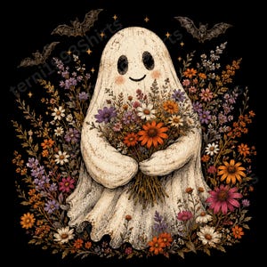 Könnte beinhalten: Eine cremefarbene Geisterillustration auf schwarzem Hintergrund, die einen großen Strauß bunter Wildblumen mit orangefarbenen, violetten und weißen Blüten hält. Drei dunkle Fledermäuse fliegen darüber, umgeben von kleinen goldenen Sternen.