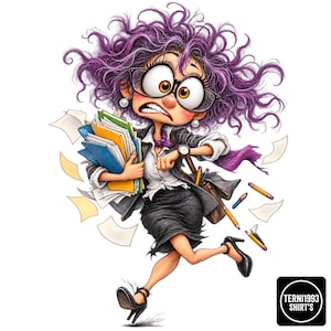 May include: A cartoon illustration of a person with wild purple hair, large glasses, and a stressed expression, running while holding a stack of colorful folders and papers. They wear a dark blazer, white shirt, and skirt, with pencils falling.