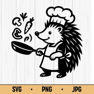 Hérisson cuisinier SVG PNG JPG – Clipart hérisson cuisinier avec poêle, animal drôle pour impressions de cuisine, fiches de recettes et bricolages