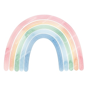 Op de afbeelding: Waterverf regenboogontwerp in pastelkleuren, waaronder roze, geel, groen en blauw. De afbeelding toont een halfronde boog met meerdere kleurlagen. De tekst "tem1993Shirts" wordt herhaald.
