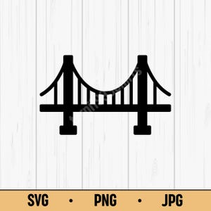 May include: Black silhouette of a suspension bridge with a curved top and vertical support lines. The bridge is set against a white wood grain background. Below the bridge are the words "SVG", ".", "PNG", ".", and "JPG".